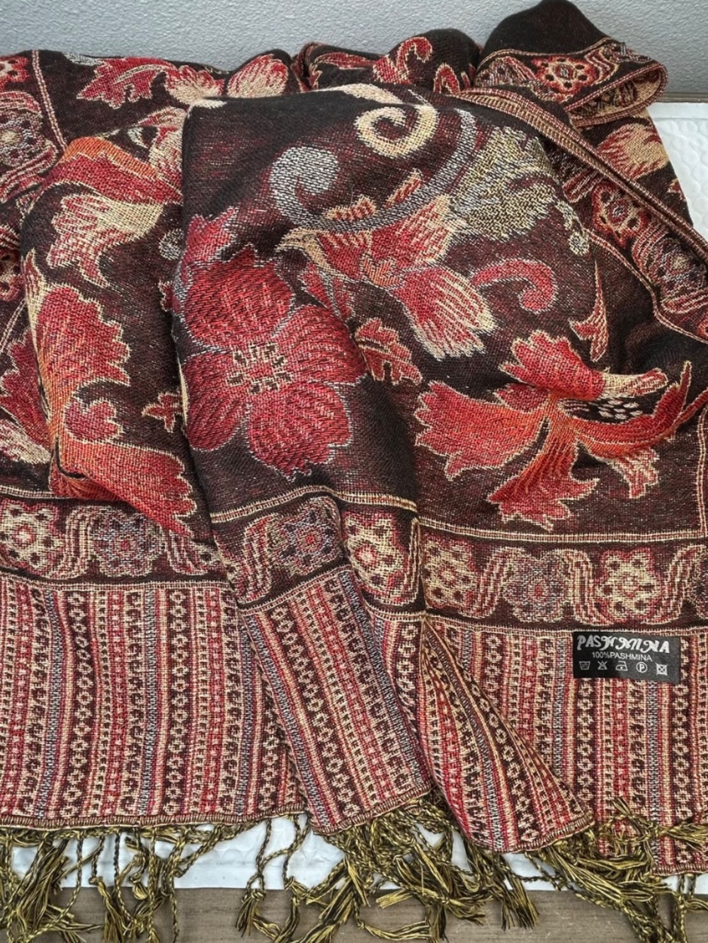 100% Pashmina Scarf/Shawl Floral Paisley Jacquard Woven Pattern Fringe Tassels